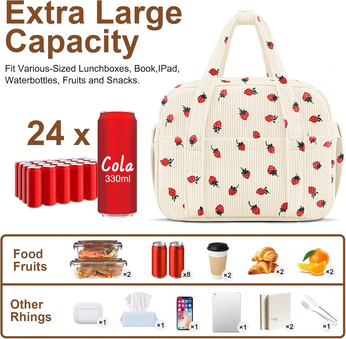 Corduroy Lunch Box Lunch Bag for Women Adults Men, Cute Strawberry Insulated Work Reusable Leakproof Simple Large Lunch Boxes Tote Bag Adults Cooler Bag, with Shoulder Strap