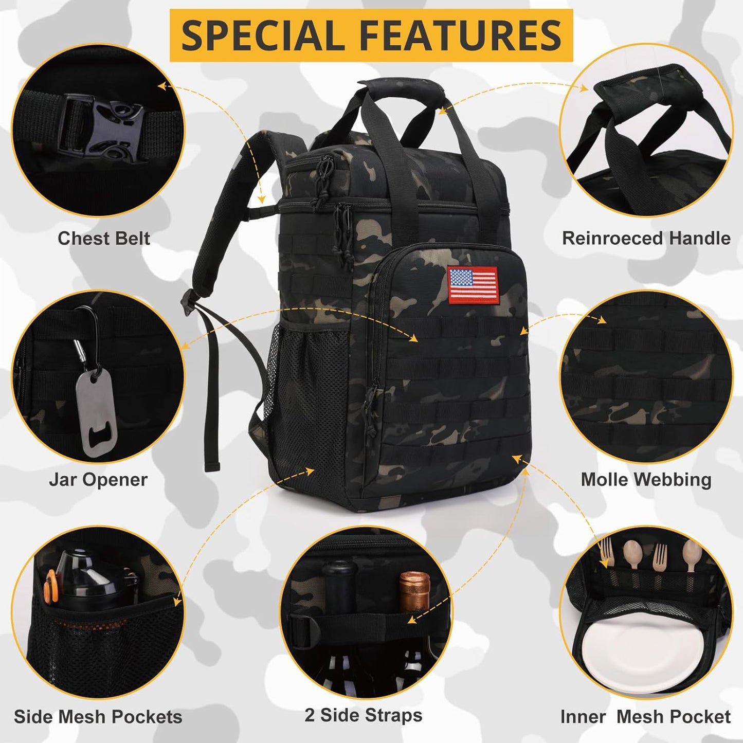 Tactical Backpack Cooler,Lunch Backpack for Men Adults Work with Handle，Soft Cooler Backpack Insulated Waterproof Leak Proof
