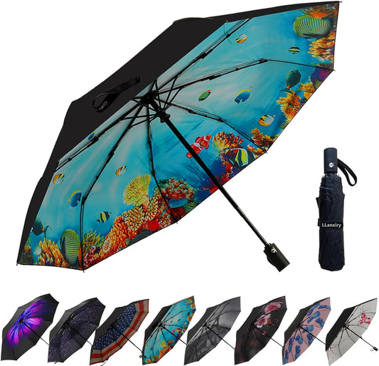 LLanxiry Compact Travel Umbrella, Mini Windproof Umbrellas for Rain & Sun, Small Lightweight Outdoor UV Umbrella, Portable Folding Umbrellas for Travel