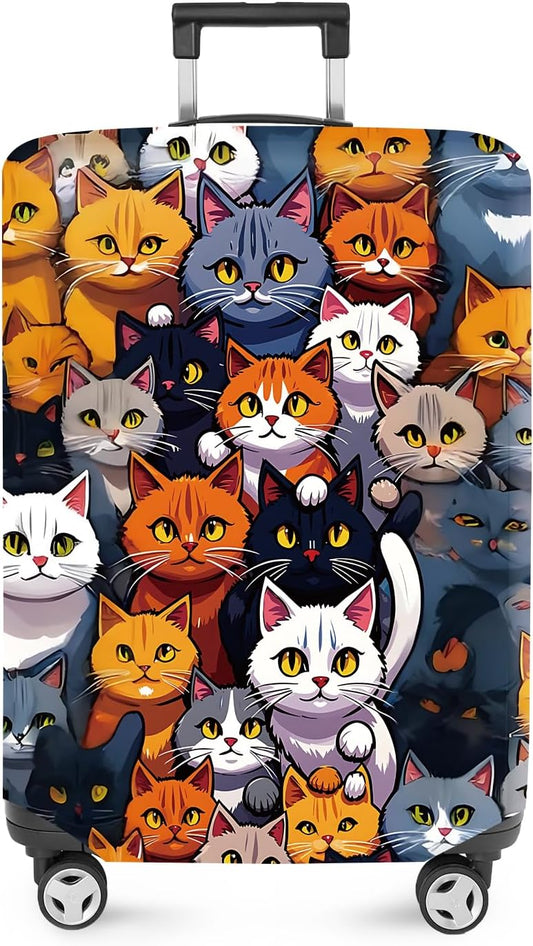 ANNA QUEEN Colorful Cat Luggage Cover, Fun Cat Design with Multiple Cats, Stretchable, Washable Travel Sleeve for 24-26 Inch Luggage