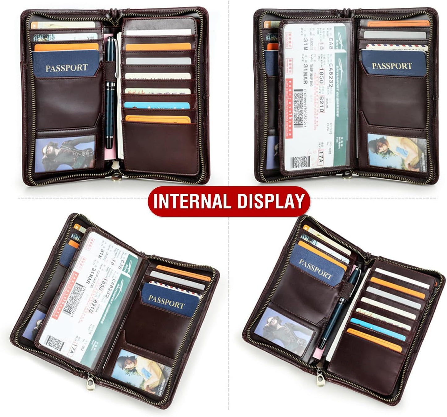 Top Grain Leather Travel Passport Wallet Holder for Man & Woman, Handmade with Three-Layer for 4 Passports & Multi Cards, RFID Blocking Large Capacity for Cards/Passports/Tickets, Burgundy