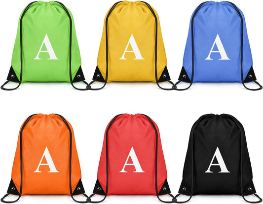 ZOMFELT 6Pcs Drawstring Backpack Drawstring Gym Bags, Foldable Draw String Backpack with Multiple Colors and Letters, Lightweight Polyester Cinch Bag for Gift, Beach, Sports, Travel, Swim (Letter A)