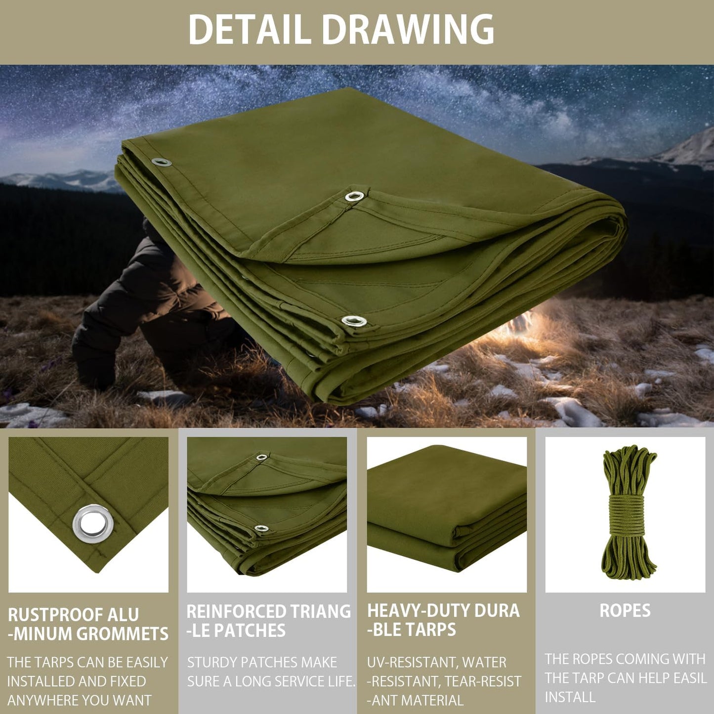 FoundGo Canvas Tarp 20x30ft Heavy Duty Waterresistant Tarps with Grommets, UV Resistant, 22 Mil Tarpaulin,14 oz Durable Cloth Covers for Car, Roof, Boat, Camp, Canopy, Woodpile with Ropes-Moss