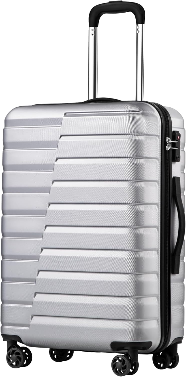 Coolife Medium Checked Luggage with Spinner Wheels Hardside Suitcase TSA Lock Telescopic Handle(24 inch-Sliver)
