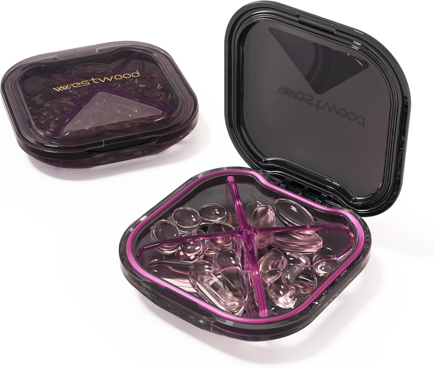 1 Pack Small Purple Pill Organizer, 4 Compartments, Compact Stylish Cute Travel Camping Pill Box Daily Medicine Pill Case, Portable and Moistureproof to Store Vitamins, Medication and Supplements
