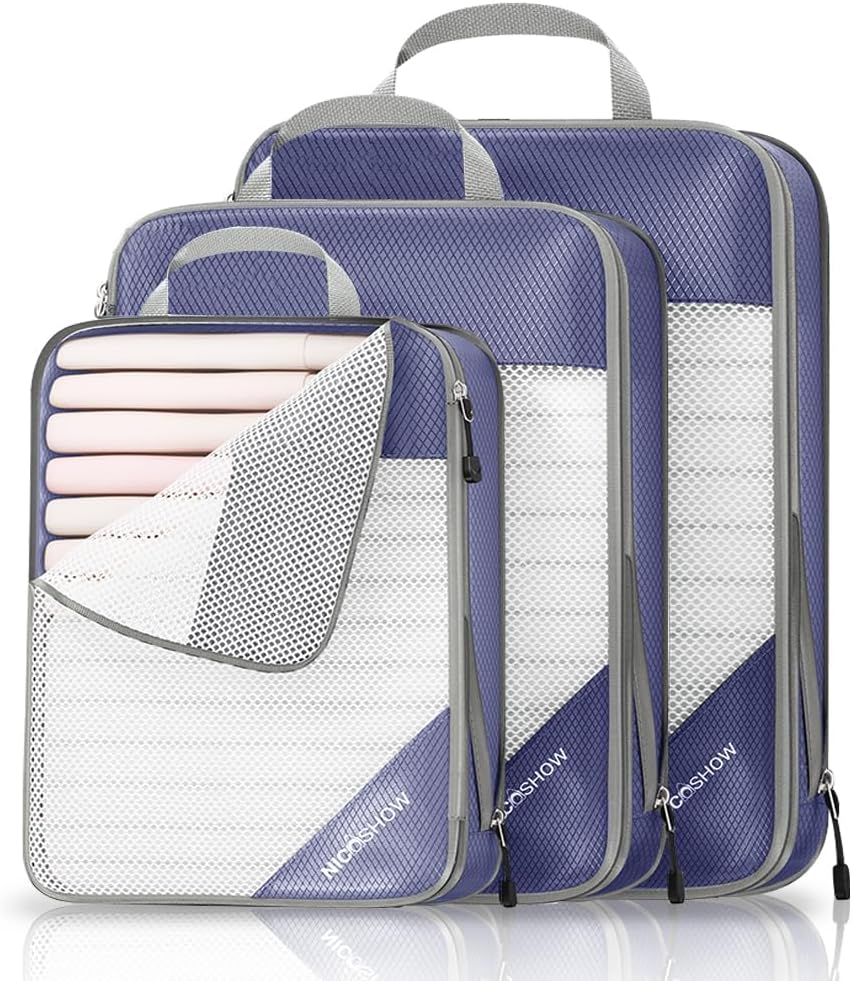 Compression Packing Cubes 3 Set, Compressible Space-Saving Packing Cubes for Travel - Compression Bags, Luggage Organizer, Travel Essentials for Women, Bluish Purple