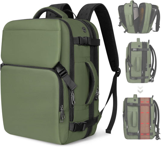 Travel Backpack Carry On Flight Approved, Lightweight Large Travel Backpack, Expandable with USB Charging Hole, Waterproof Causal Bookbag for Travel Work College Fits 17 inch Laptop, Green