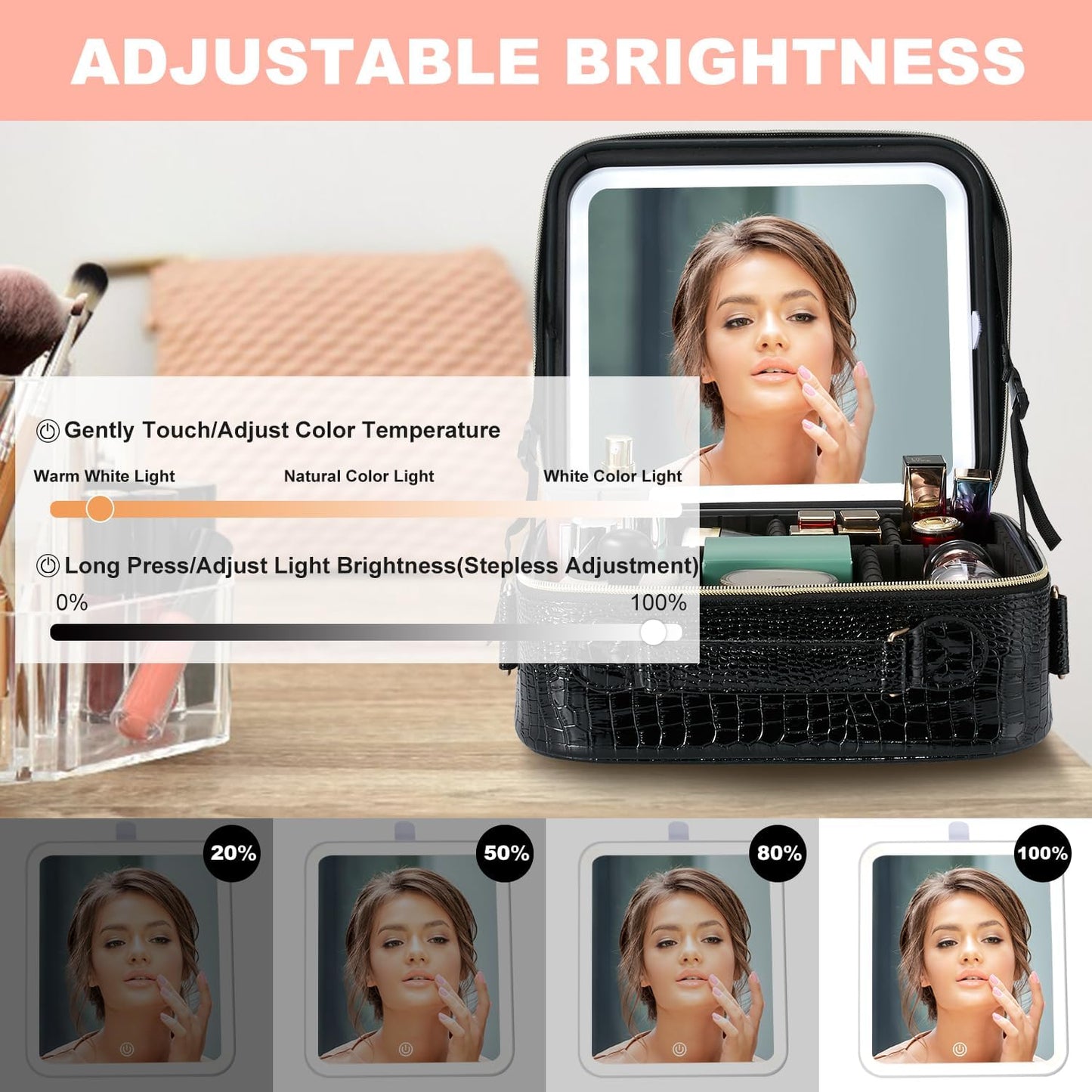 Mocado Travel Makeup Bag with LED Lighted Mirror, Travel Makeup Organizer, Makeup Case with 3 Color Lighted Setting and 10x Magnifying Mirror, Portable Storage and Adjustable Dividers (Crocodile)