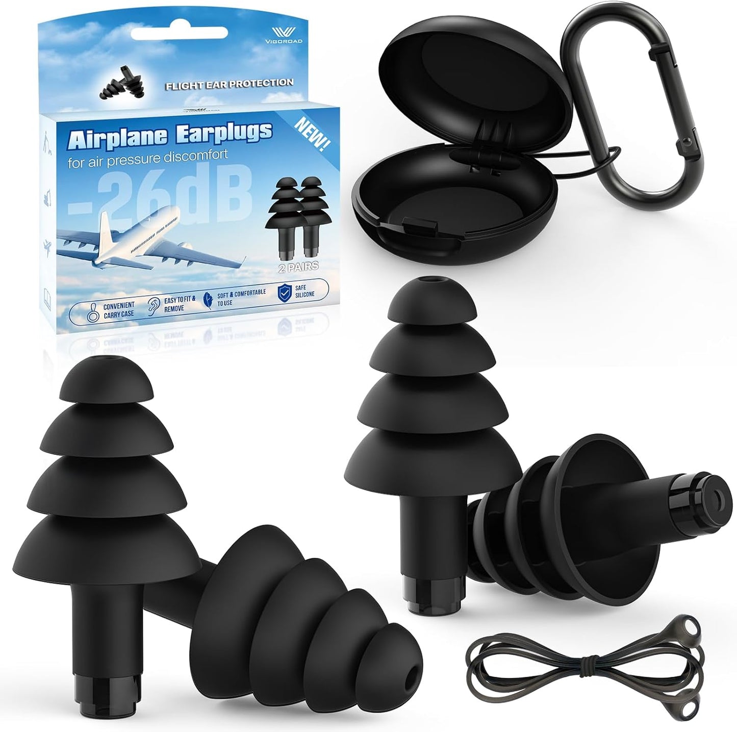 Ear Plugs for Airplane Pressure Relief, 2 Pairs Adults Soft Silicone Reusable Airplane Earplugs 26dB, with Silicone Connector Cord, Travel Essentials for Flying, Ear Protection Earplugs for Plane