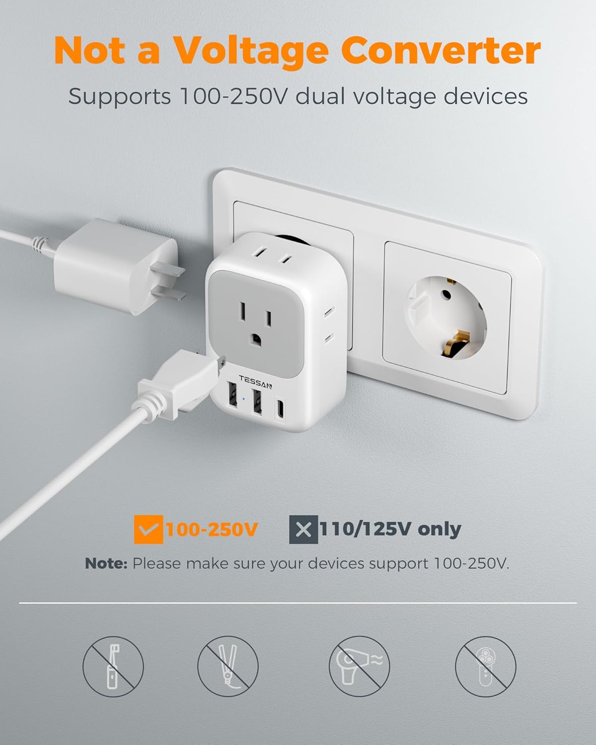 2 Pack European Plug Adapter USB C, TESSAN US to Europe Adapter 4 Outlets 3 USB Charger, Type C International Power Adaptor to Italy Spain France Portugal Iceland Germany, Europe Travel Essentials