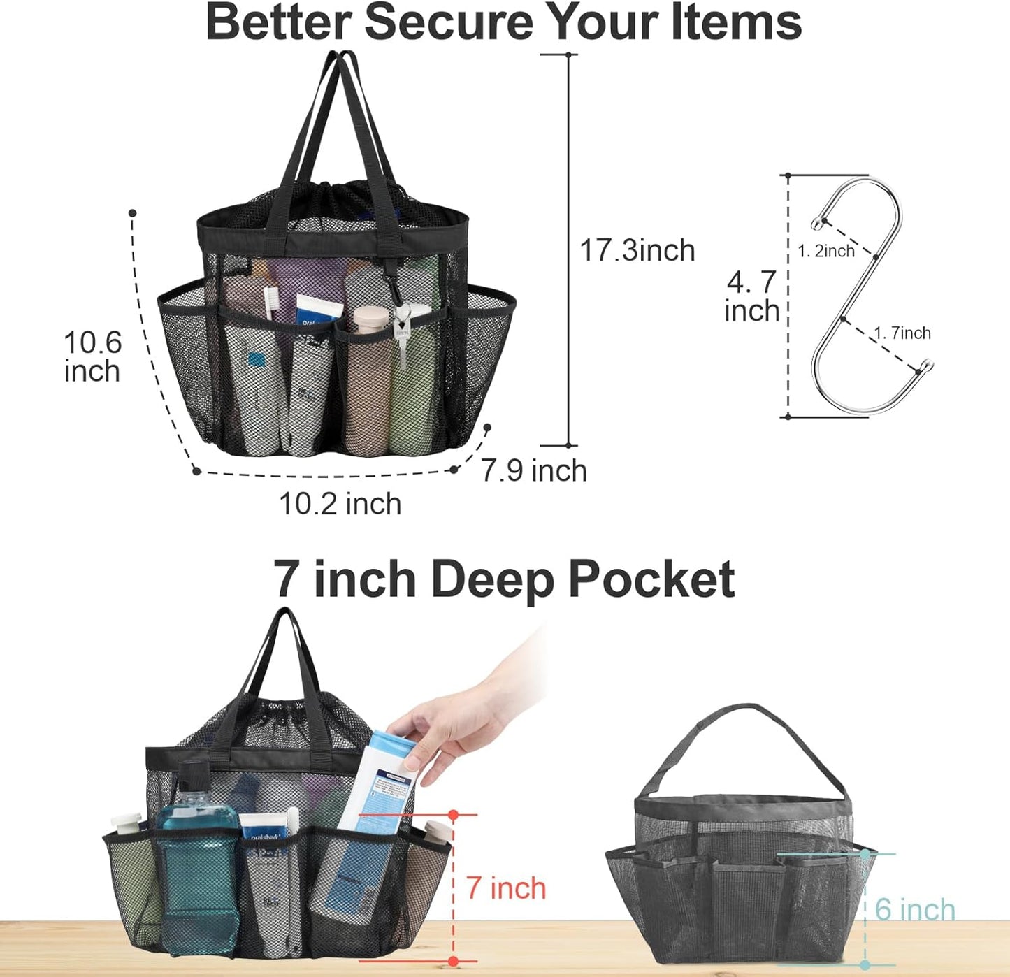 F-color Mesh Shower Caddy Portable with Drawstring - 8 Pockets Dorm Room Essentials for Guys Girls with S Hook, Shower Bag Basket Tote for College Camping Bathroom, 2 Pack Black & Mint Green