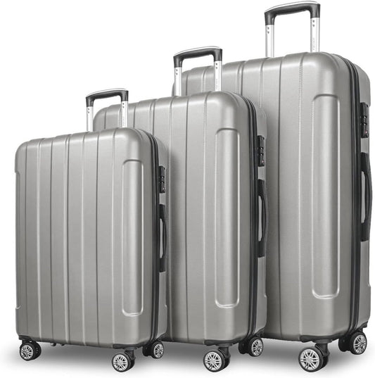 FOCHIER F Luggage Sets, Expandable 3 piece Hard Shell Luggage Set with TSA Lock, PC+ABS Hardside Travel Suitcase with Wheels for Women Men 20 24 28 Inch (Grey)