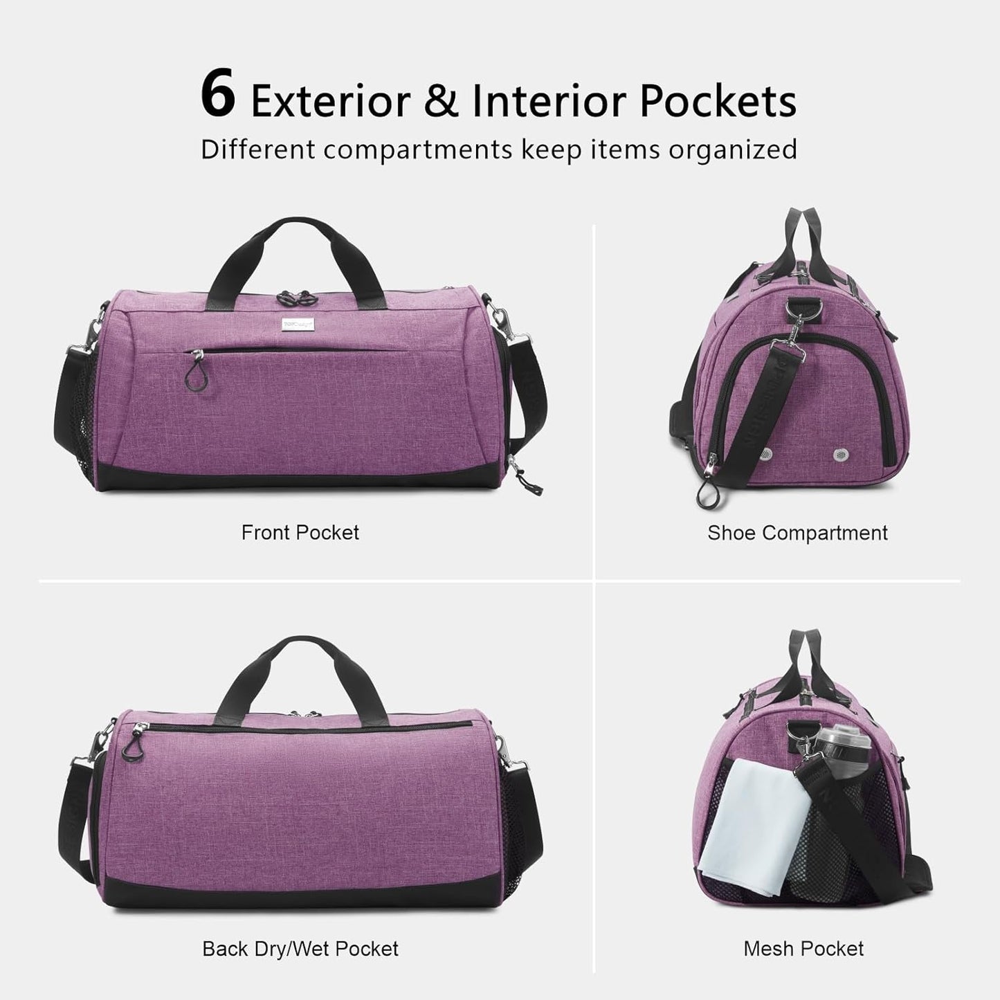 TOPDesign Gym Bag for Women & Men, Unisex Duffel Bag with Shoe Compartment & Wet Pocket for Travel Sports Gym (M Textured Purple)