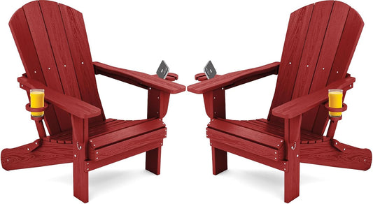 SERWALL Adirondack Chair with Cup Holders - Composite Adirondack Chairs Set of 2 HDPE Outdoor Chairs All Weather Use- Dark Red