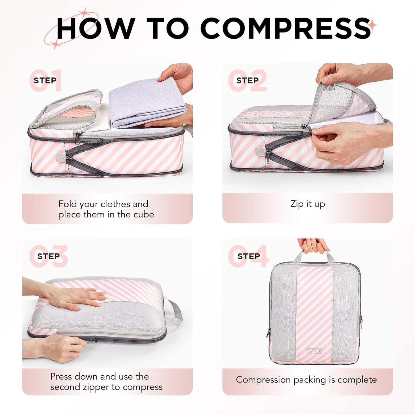 8 Set Compression Packing Cubes for Travel Essentials,Compressible Expandable Packing Cubes for Suitcase,OlarHike Luggage Organizer Bags for Travel,Handy Helper for Organizing Clothes(Pink Stripped)