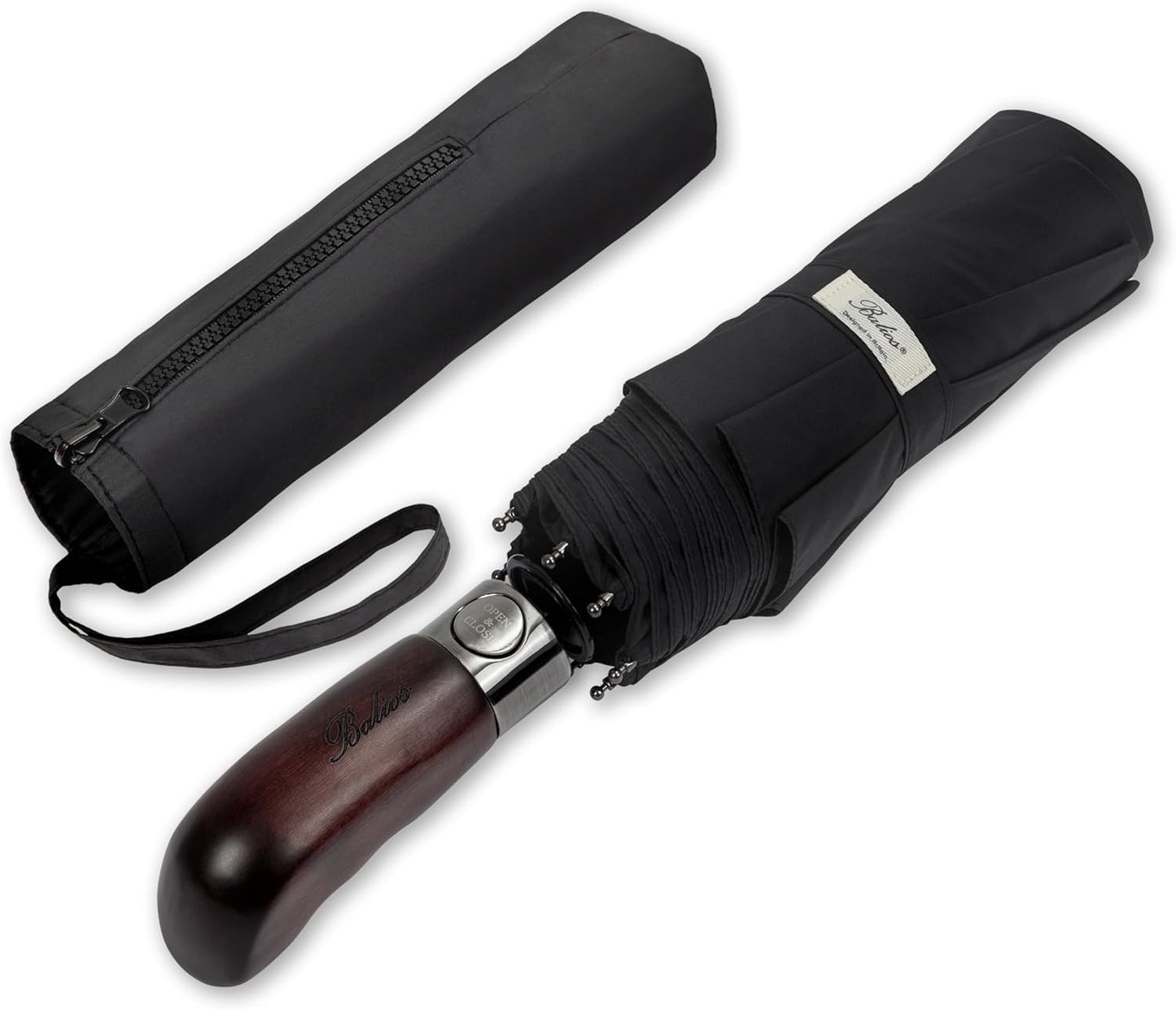 Balios Travel Folding Umbrella with Real Wood Handle Auto Open Close Vented Windproof Canopy - Designed in UK
