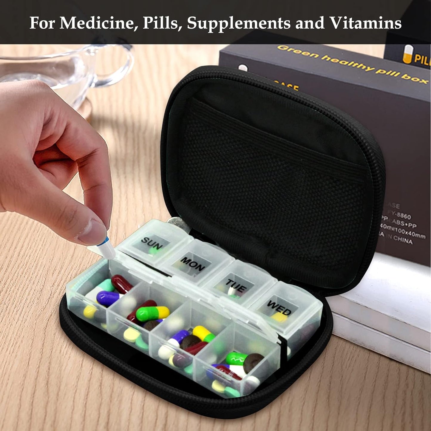 Serfeymi Weekly Travel Pill Organizer Pill Case for Purse with Removable 7 Day Pill Box, Fashionable Travel Medicine Organizer Pill Container for Medicine, Vitamin, Supplement - Brown 02