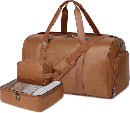 Wogarl 3PCS Leather Weekender Bag for Women Men Large Overnight Bag Travel Duffel Bag with Shoe Compartment Toiletry Packing Cube Carry On Bag Fit 21"" Laptop(Light Brown), YT042