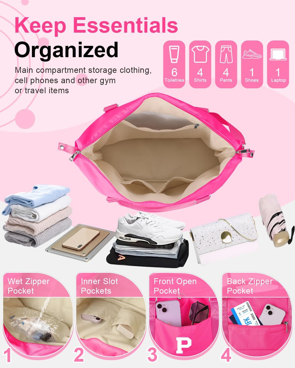 Overnight Bag for Kids Teen Girls Weekender Dance Bag Birthday Graduation Gifts,Initial Travel Duffel Bag Sports Gym Bag Personalized Weekender Bag Carry On Bags Preppy Gifts for Women(Hot Pink, P)
