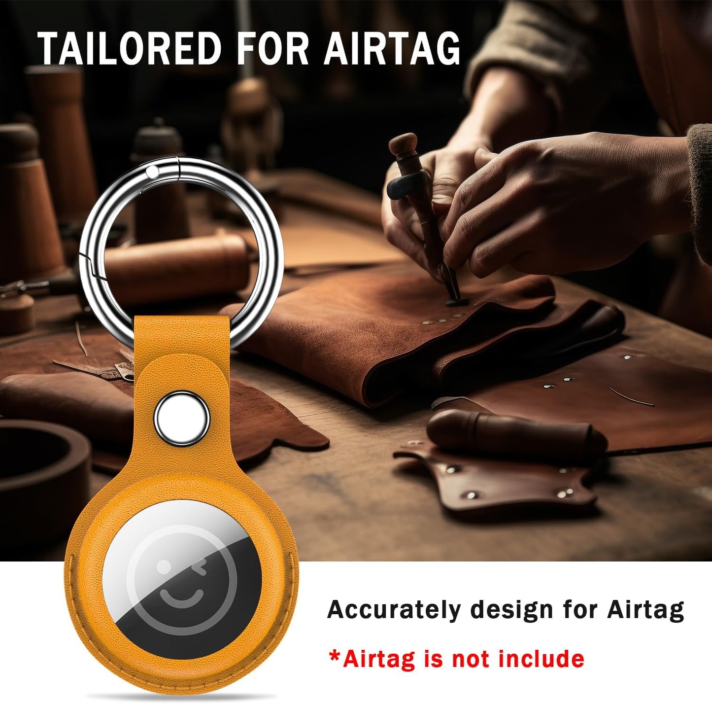 RFUNGUANGO Airtags Holder Keychain Keyring, 4 Pack Leather Case Cover for Women Men Kids with Apple Air Tag GPS Tracker Item Finders-Green,Yellow,Grey,White