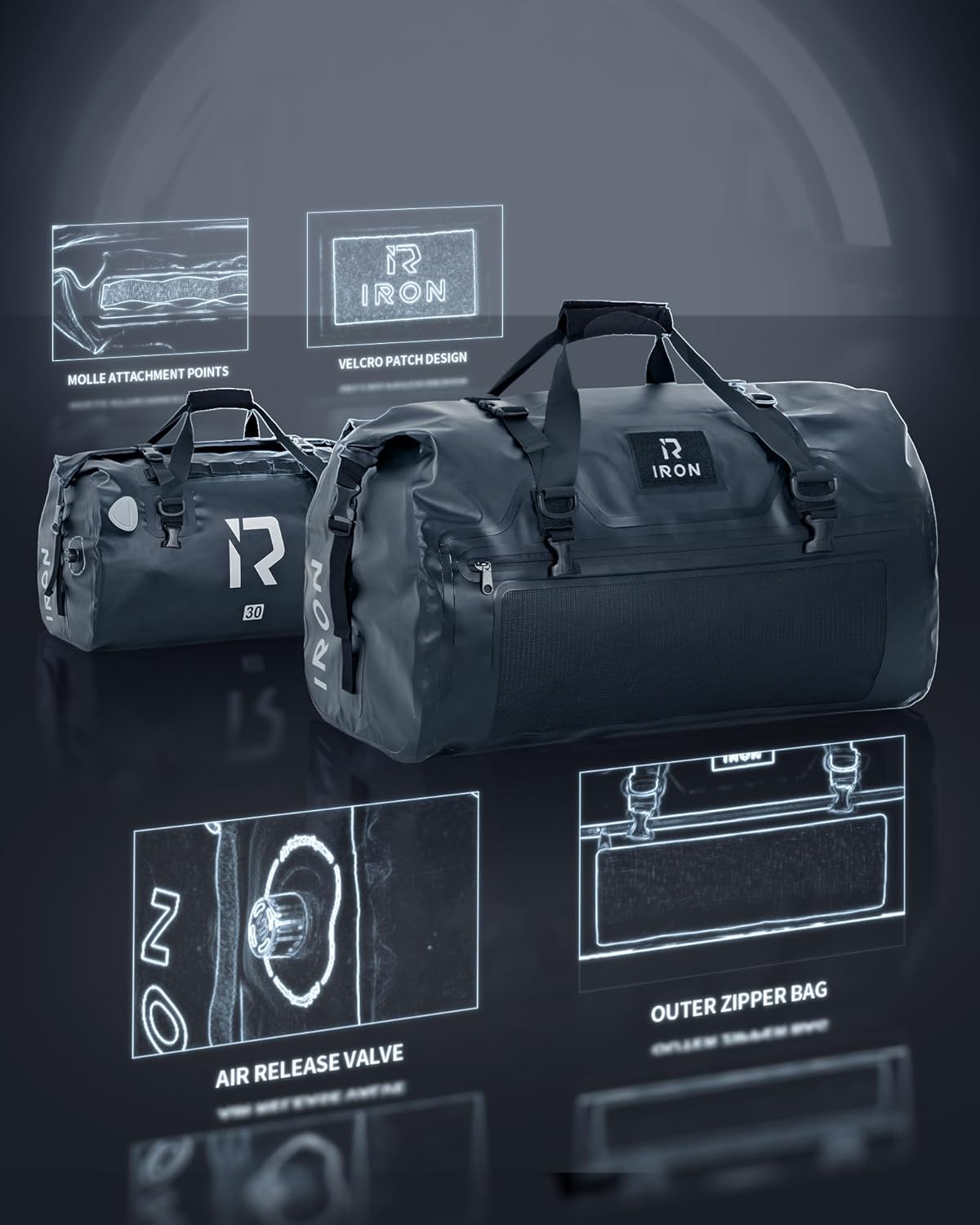 IRON JIA'S Motorcycle Dry Bag - Waterproof Duffle & Luggage Tail Bag Saddle Bags with Roll Top Closure, Shoulder Straps, Inner Pocket and Mesh Pocket (Black, 30L)