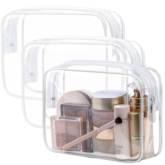 PACKISM TSA Approved Toiletry Bag, 3 Pack Clear Makeup Bag, Travel Makeup Cosmetic Pouch for Women, Carry on Airport Airline Compliant Bag, White (for age 12 or above)