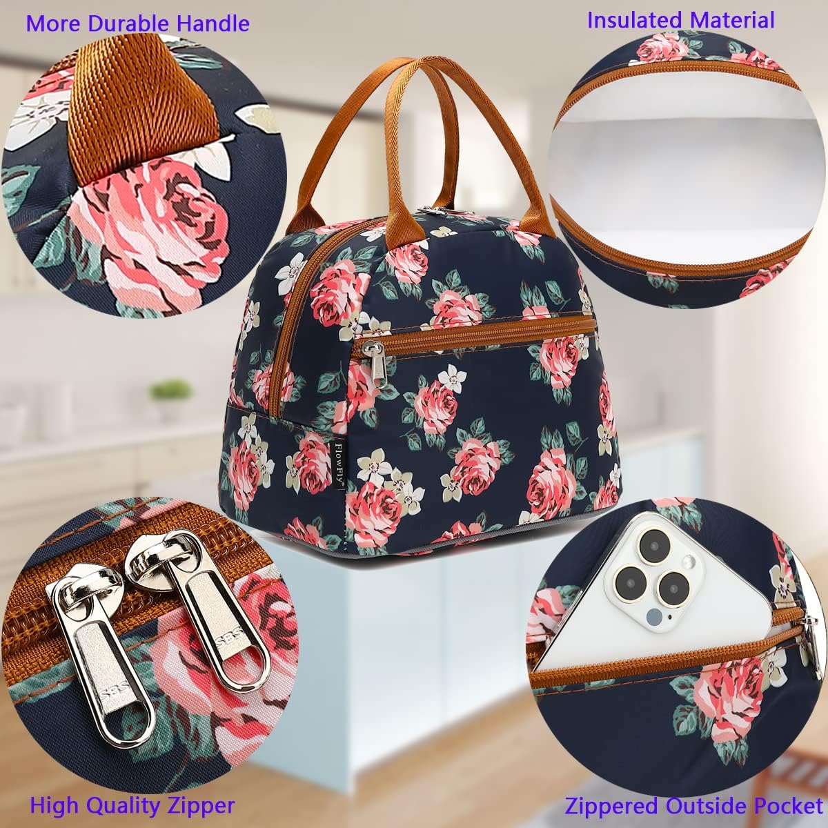 FlowFly Insulated Lunch Cooler Bag - Tote Bag Organizer for Women/Men, Rose