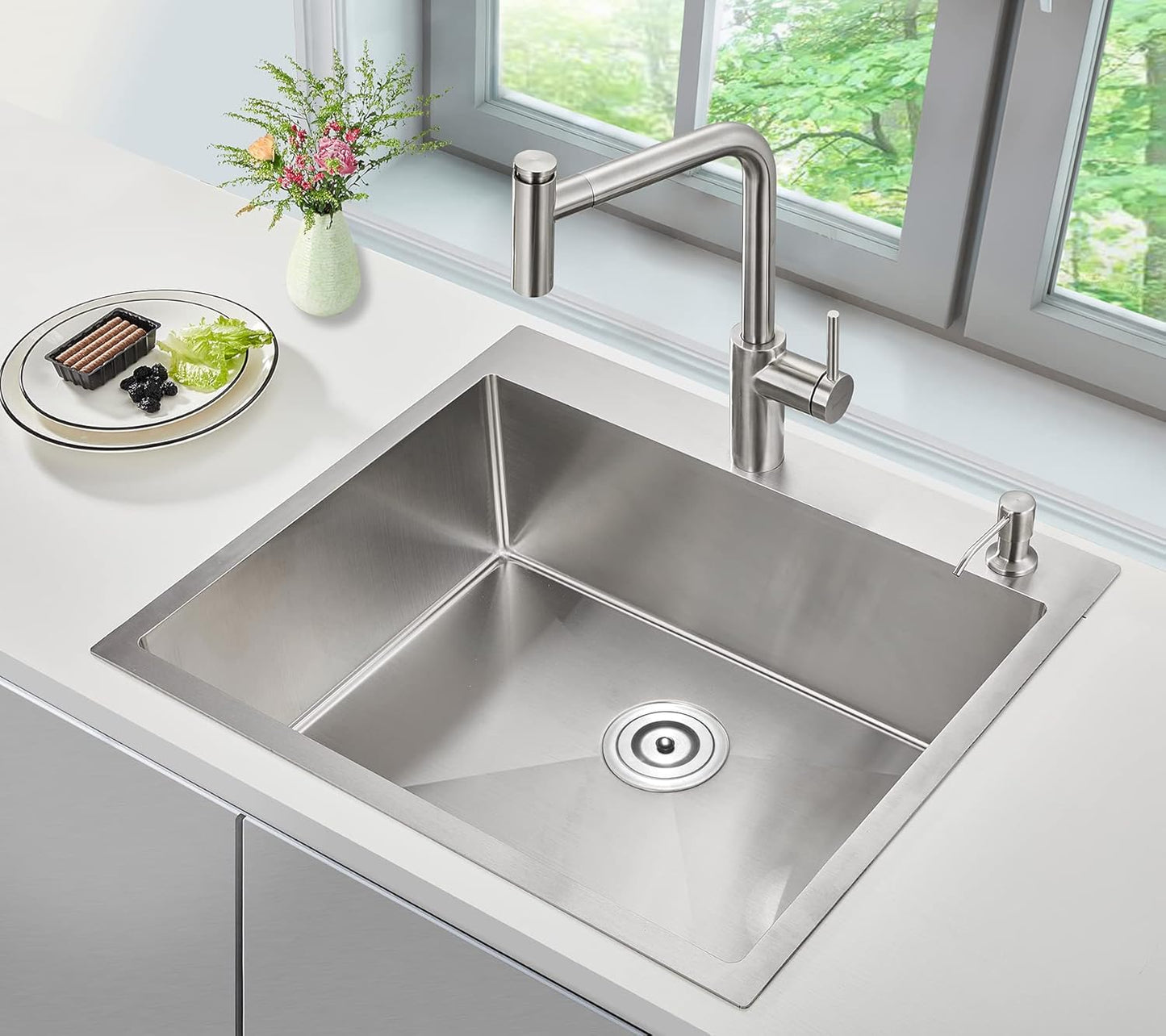 POPFLY 25×22 Inch Drop in Kitchen Sink, Top mount Stainless Steel Single Bowl Sink, 18 Gauge Hand-made Overmount 9 Inch Deep Sink, Brushed