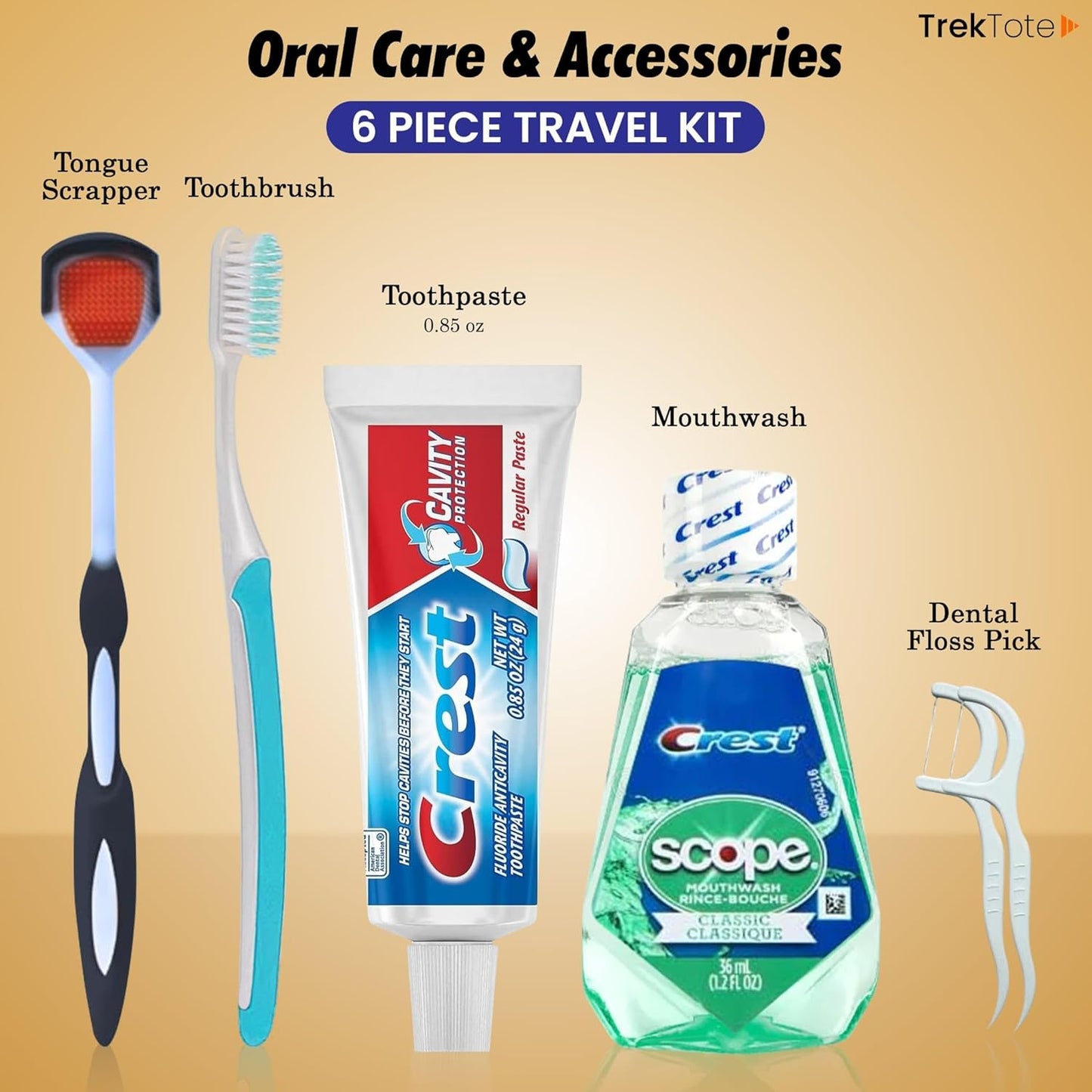 Trektote 6-Piece Travel Size Toothbrush and Toothpaste Set - TSA Approved Toothbrush Travel Kit - Includes Toothpaste and Mouthwash - Dental Oral Care Kit