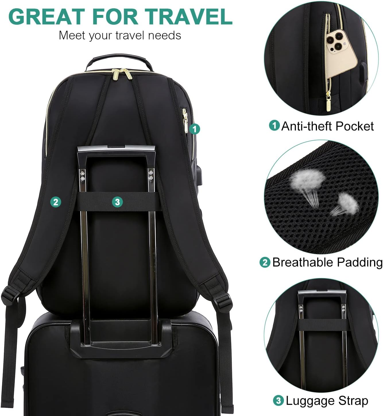 LOVEVOOK Large Travel Backpack Women with 17.3-inch Laptop Compartment, Work Business Computer Carry On Backpack Purse, Hiking Backpack Waterproof Outdoor Sports Rucksack Bag, Black