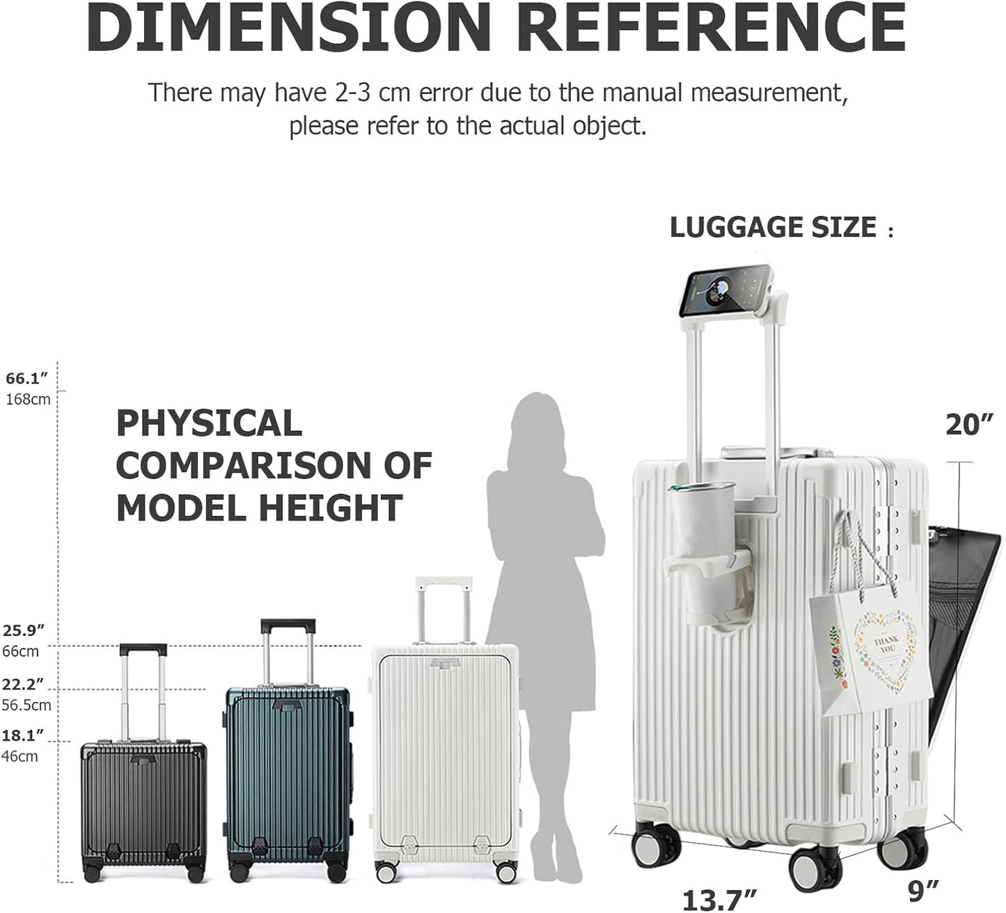 feilario 20in Aluminium Frame PC Hard Shell Spinner Wheels Luggage, Built-In TSA lock Carry on Suitcase, with Cup Holder, USB Port, Phone Holder