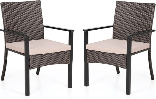 PHI VILLA Outdoor Wicker Chairs Set of 2, Rattan Covered Metal Armchairs with Removable Cushion, Heavy Duty Furniture Set for Patio, Deck, Porch, Yard