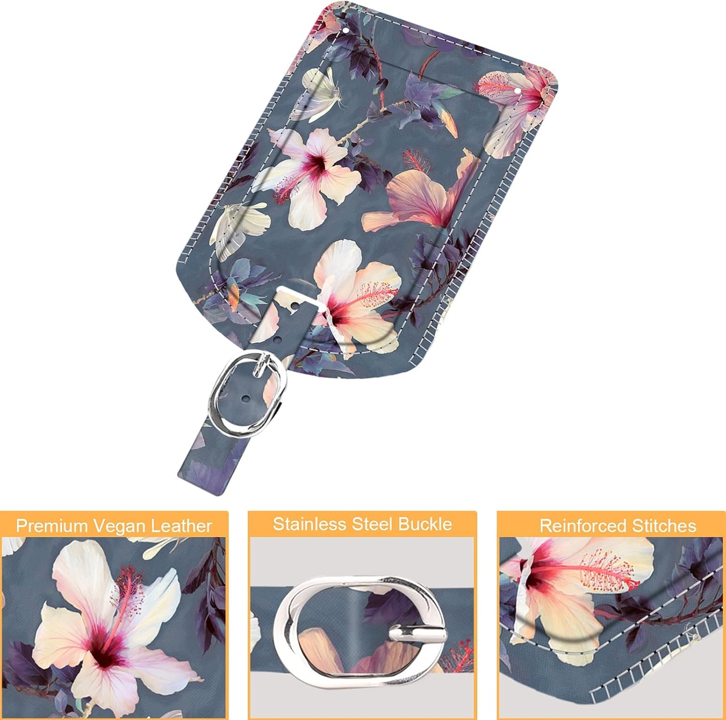 FINTIE 2 Pack Luggage Tags, Leather Name ID Labels with Privacy Cover for Travel Bag Suitcase, Theme - Blooming Hibiscus