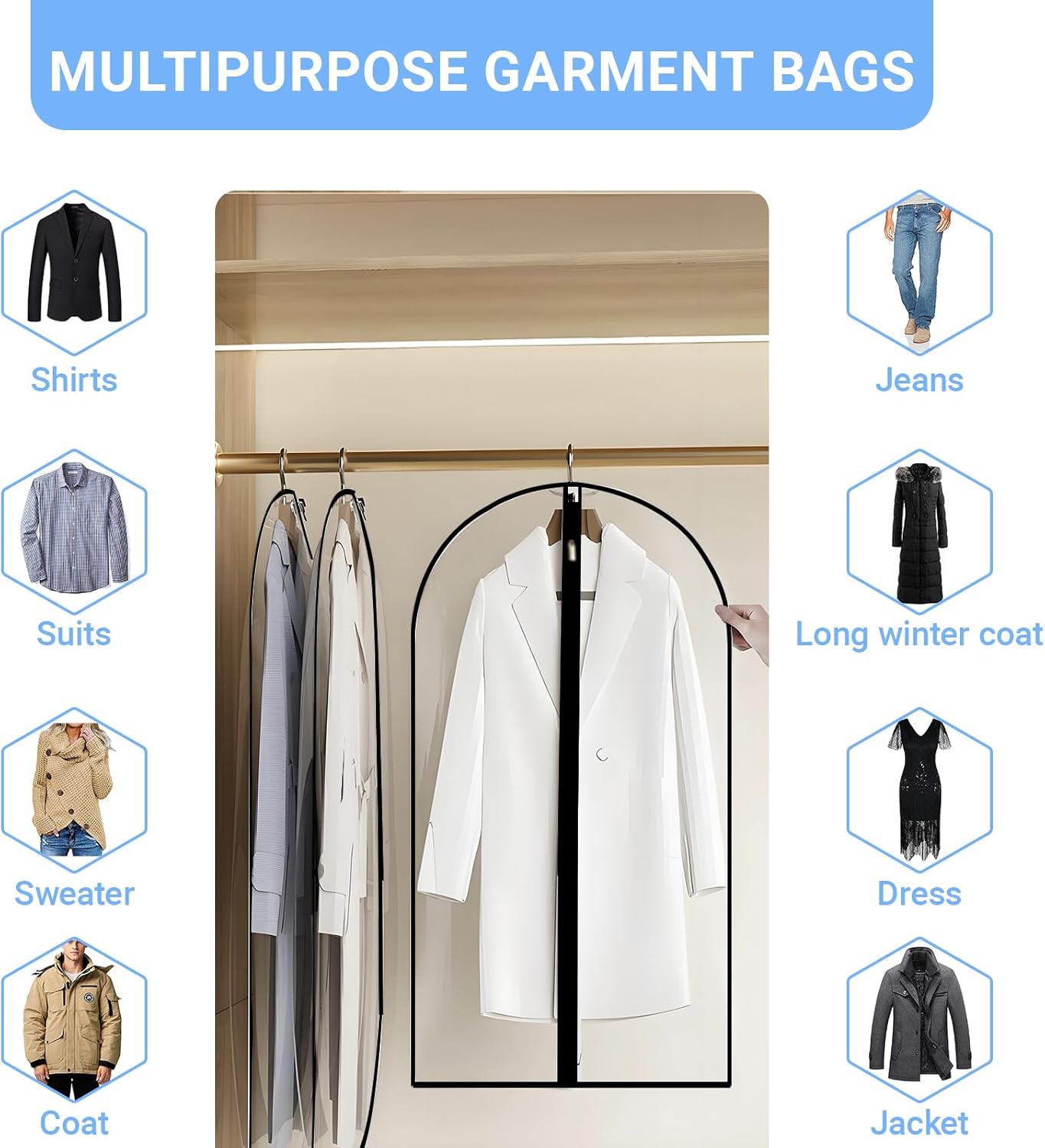 Garment Bags for Hanging Clothes 24'' x 54'' (Set of 12) Coat Covers for Closet Foldable Washable Dress Bags for Hanging Clothes for Long Dress Dance Costumes Suits Gowns Coats