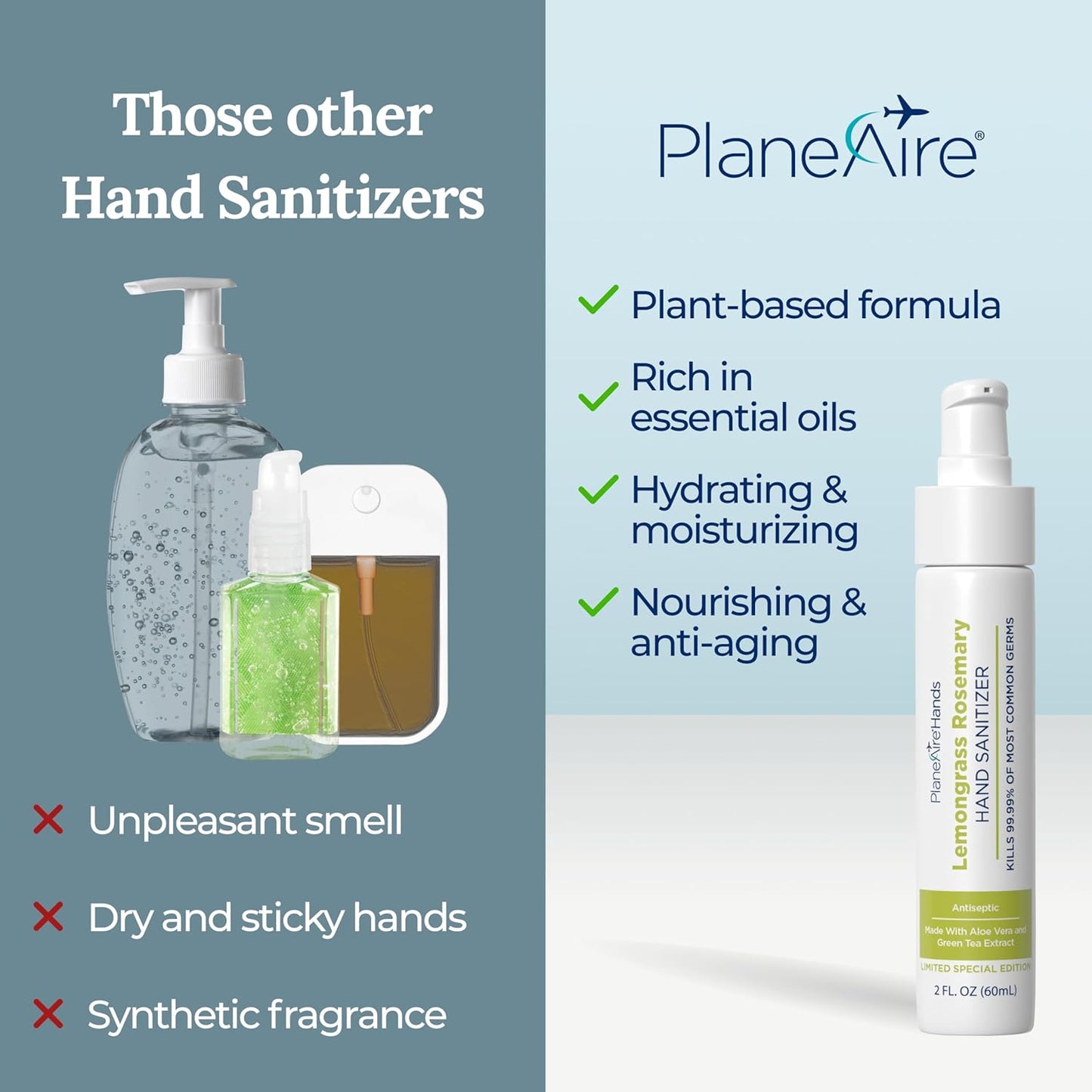 Lemongrass Rosemary Lotion Hand Sanitizer | Travel Size | Cleanse & Moisturize | Made with Aloe Vera & Essential Oils | Rich in Vitamin E | Lemongrass Essential Oil | Green Tea Extract | 3-Pack