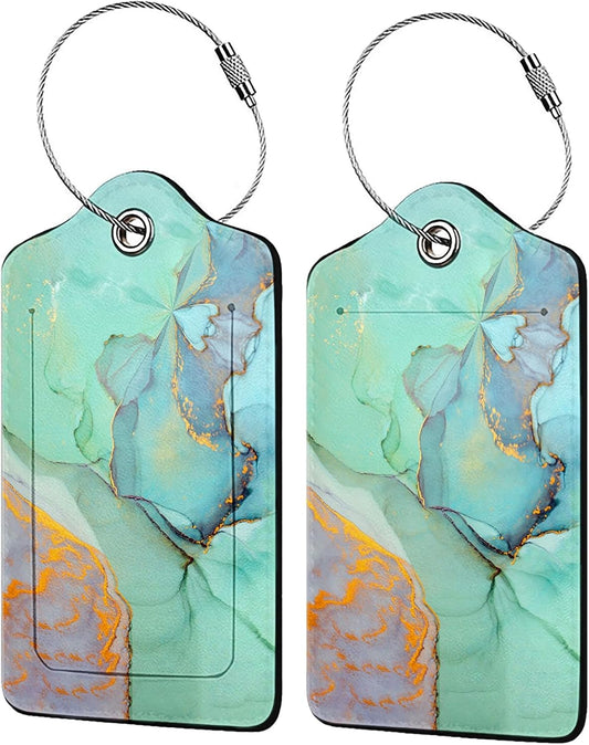 Green Gold Marble 2-Pcs Premium Leather Tags with Privacy Covers,Luggage Tag Stainless Steel Loops Ideal for Suitcases, Travel Bags, Backpacks