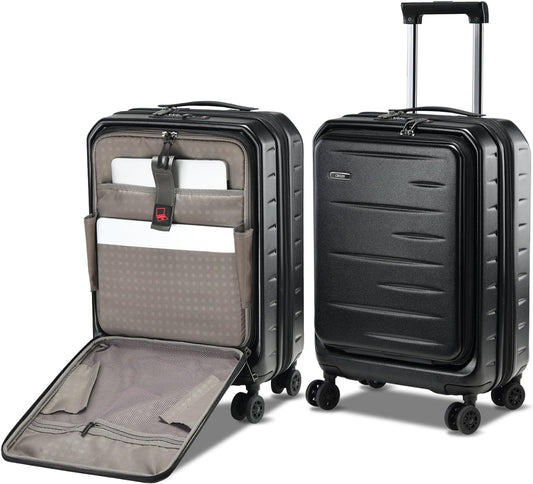Expandable Carry On Luggage Airline Approved, 20 Inch Lightweight ABS+PC Hard Shell Suitcases with Front Pocket, Spinner Wheels, TSA Lock (Black, 1PC)