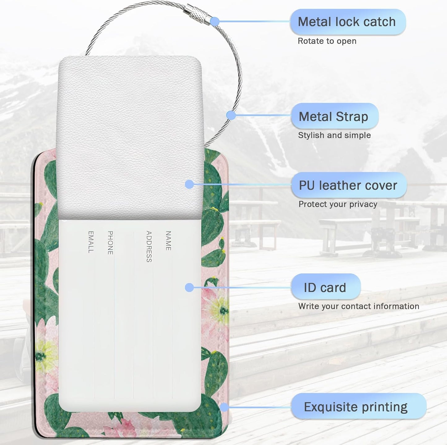 Luggage Tags for Suitcase,Watercolor Cactus Flowers Luggage Tags of Set 2 Leather Identifiers Privacy Cover with Stainless Steel Loop for Women Men Travel Bag Suitcase