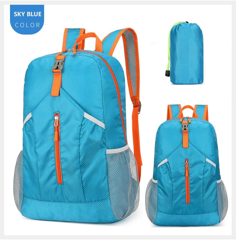 25L Hiking Backpack Foldable Sports Daypack Camping Collapsible Bag Water Repellent Lightweight Travel Men Women (Blue)