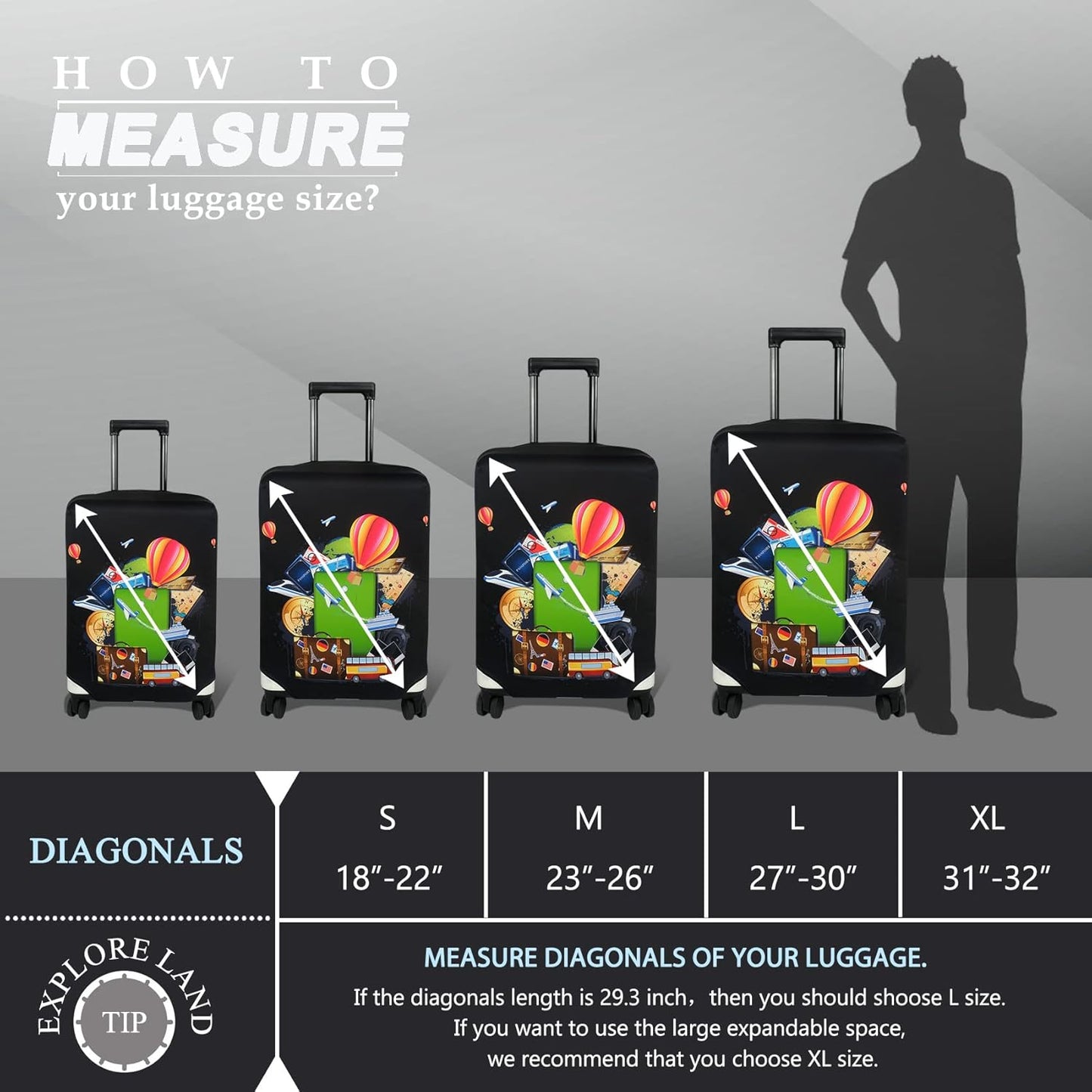 Explore Land Luggage Cover Suitcase Protector Fits 27-30 Inch Case (Travel, L)