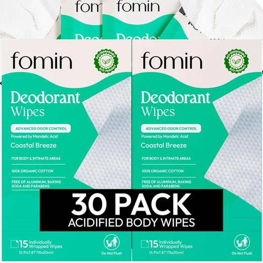 FOMIN Acidified Travel Deodorant Wipes For Women & Men - 30 Count - Coastal Breeze - pH Balanced, Mini Deodorant Travel Size Wipes - Plastic-Free, Individually Wrapped Underarm Body Wipes