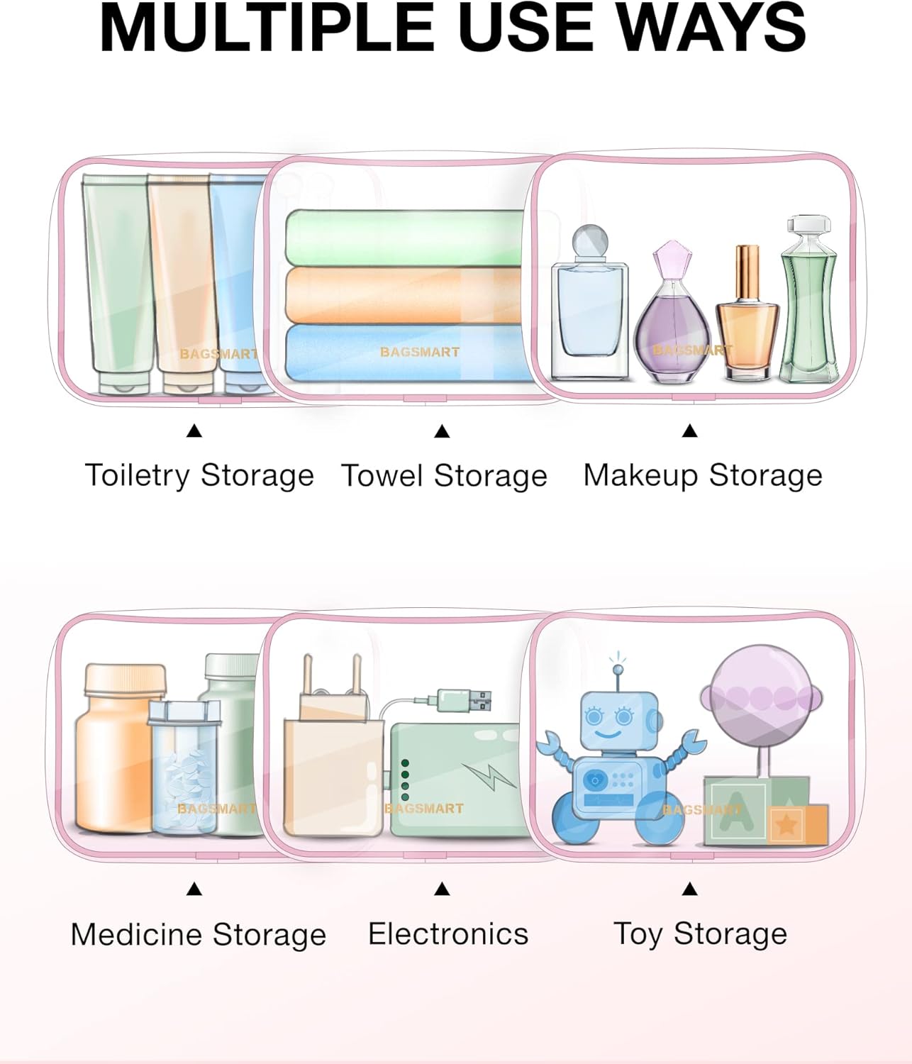 BAGSMART Clear Toiletry Bag, 2 Pack TSA Approved Carry on Travel Accessories Bag Airport Airline Quart Size Bags Water Repellent Makeup Cosmetic Bag for Women (Pink-2pcs)