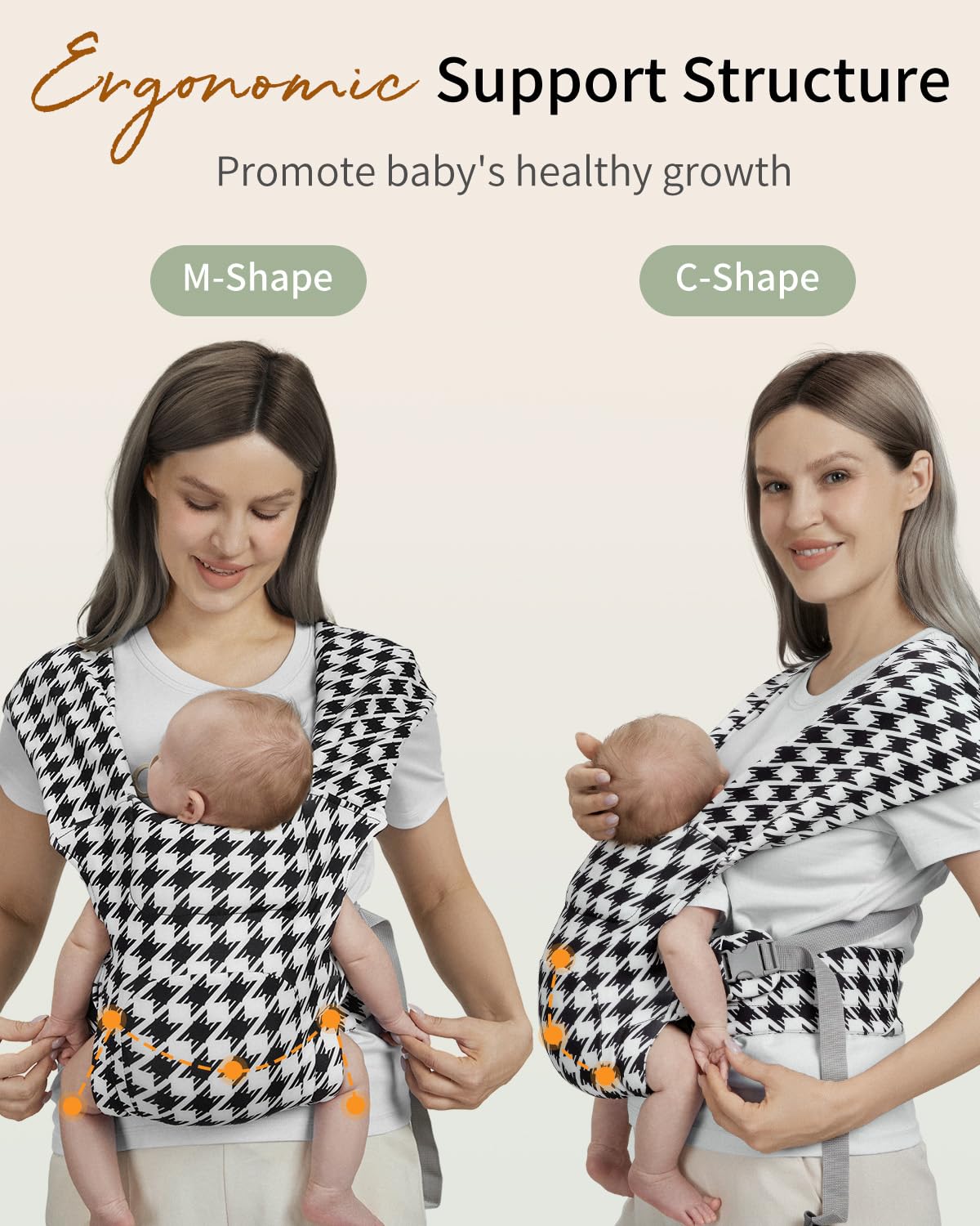 Newborn Carrier, Cozy Baby Carrier, Ergonomic Cross-Back Wrap, Hands-Free with Supportive Comfort, Tweed Black & White