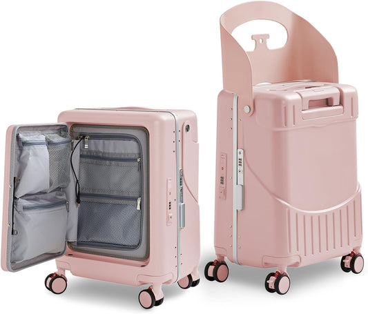 TABU 20" Ride-on Luggage with Seat，Front Opening Carry-On Hardshell Ride On Suitcase with Built-in Charging Port, 360° Lockable Spinner and TSA Lock, for Kids & Adults, Pink