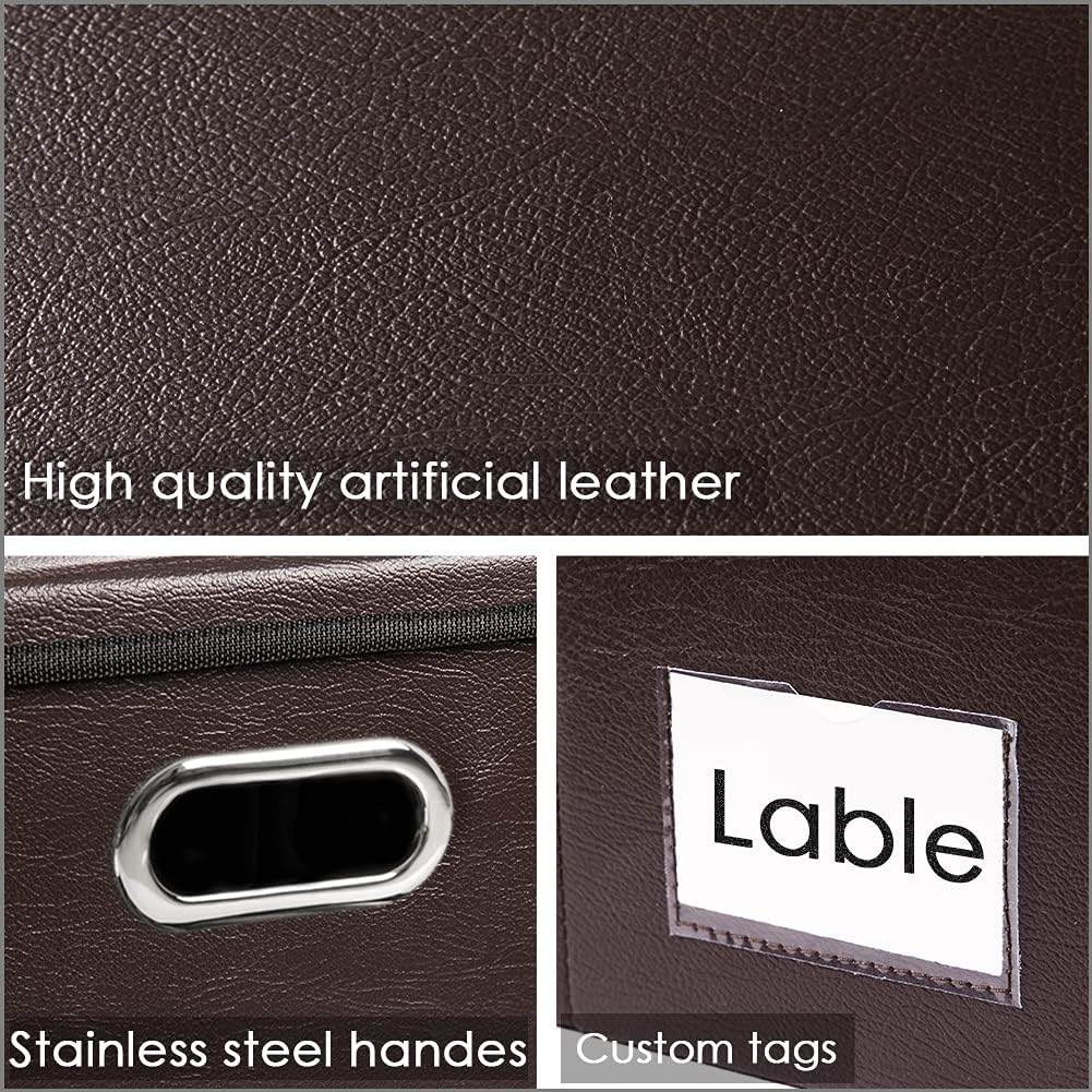 PRANDOM Collapsible Storage Box with Lid [3-Pack] Leather Fabric Foldable Storage Bin Organizer Container Basket Cube with Cover for Home Bedroom Closet Office Nursery Brown(13.6x9.6x6.9)
