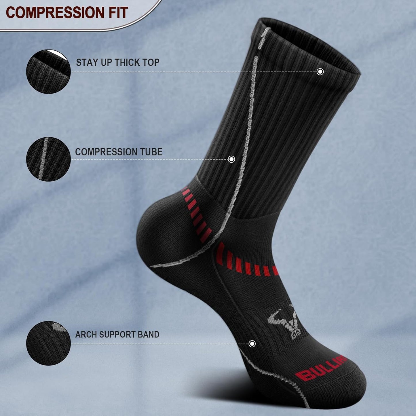 BULLIANT Compression Socks for Men 6Pairs, Athletic Crew Socks Cushioned For Men Sports Running-Arch Support