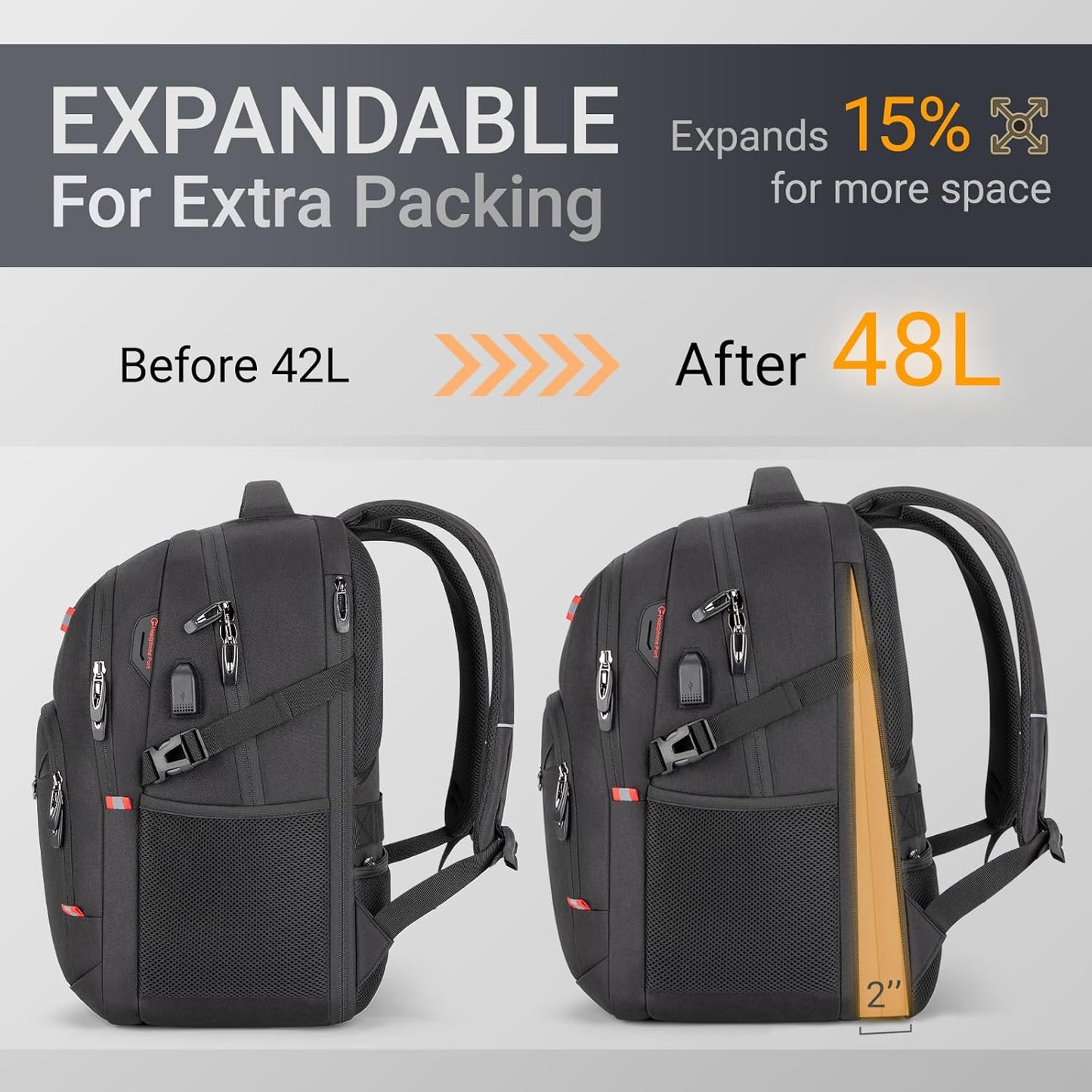 48L Expandable Laptop Backpack, Anti-thief Travel Backpack with USB Charging Port, Airline Approved Business Waterproof Carry on Luggage, Fits 17.3" Laptop for Men Women