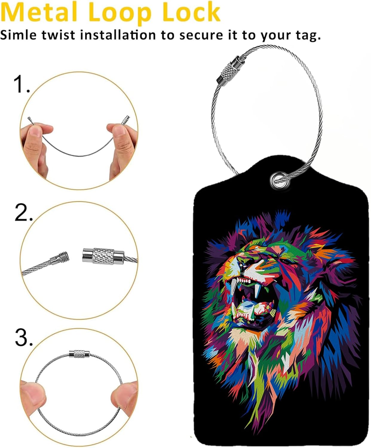 Colorful Lion's Roar Luggage Tags for Suitcases,2 Pack Luggage Tag, Leather Stainless Steel Loop Label Tag for Women Girl Travel Bag Suitcase