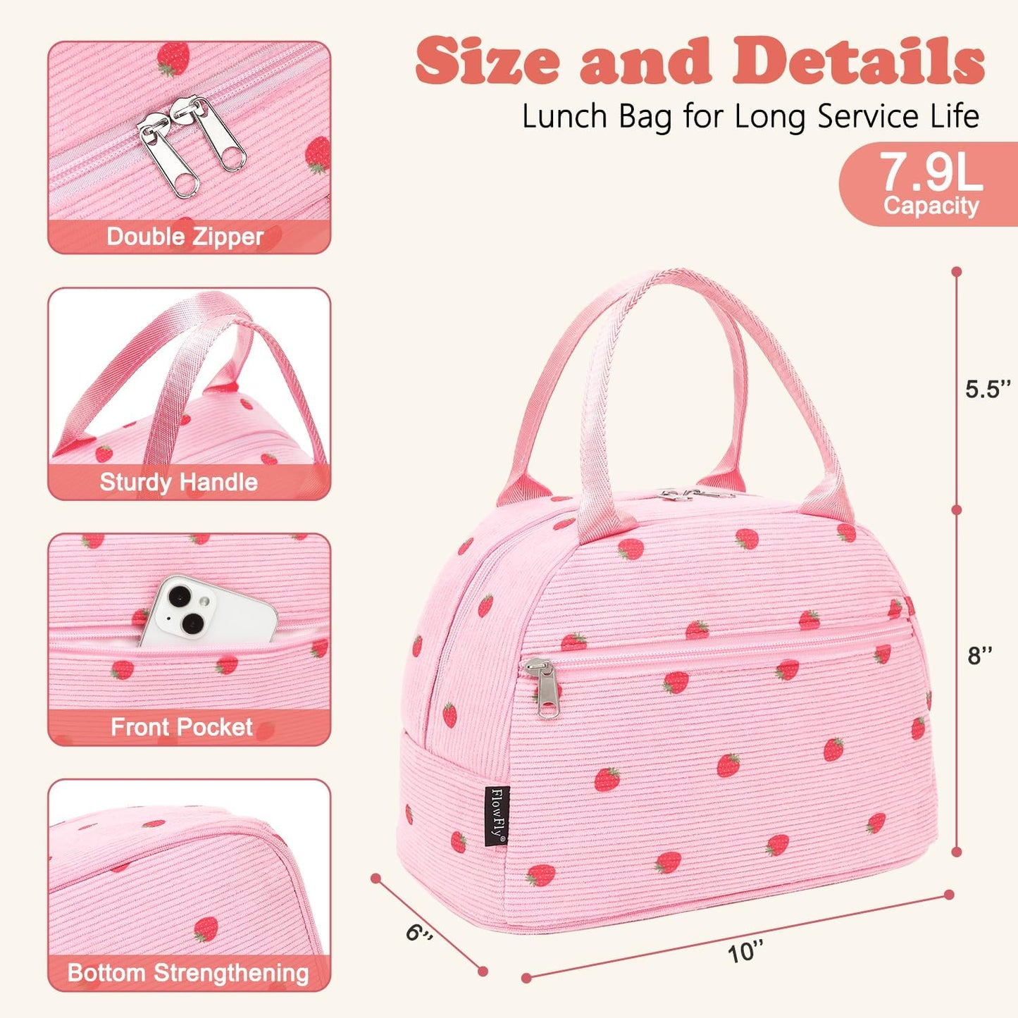 FlowFly Insulated Lunch Bag for Women – Corduroy Lunch Tote Box, Cute Cooler Bag for Work, Travel, Picnic,Corduroy Strawberries RoseRed