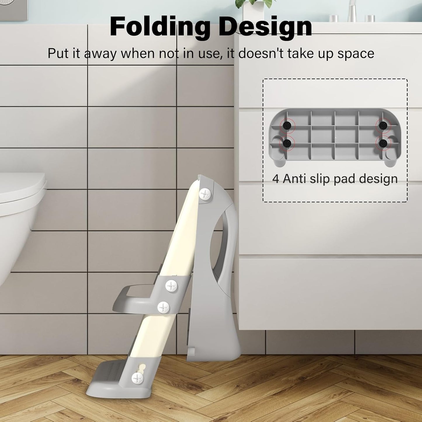 Potty Training Seat with Step Stool Ladder, Adjustable Foldable Potty Seat for Toilet with Anti-Slip Pads Ladder for Kids Boys Girls Toddlers - Grey